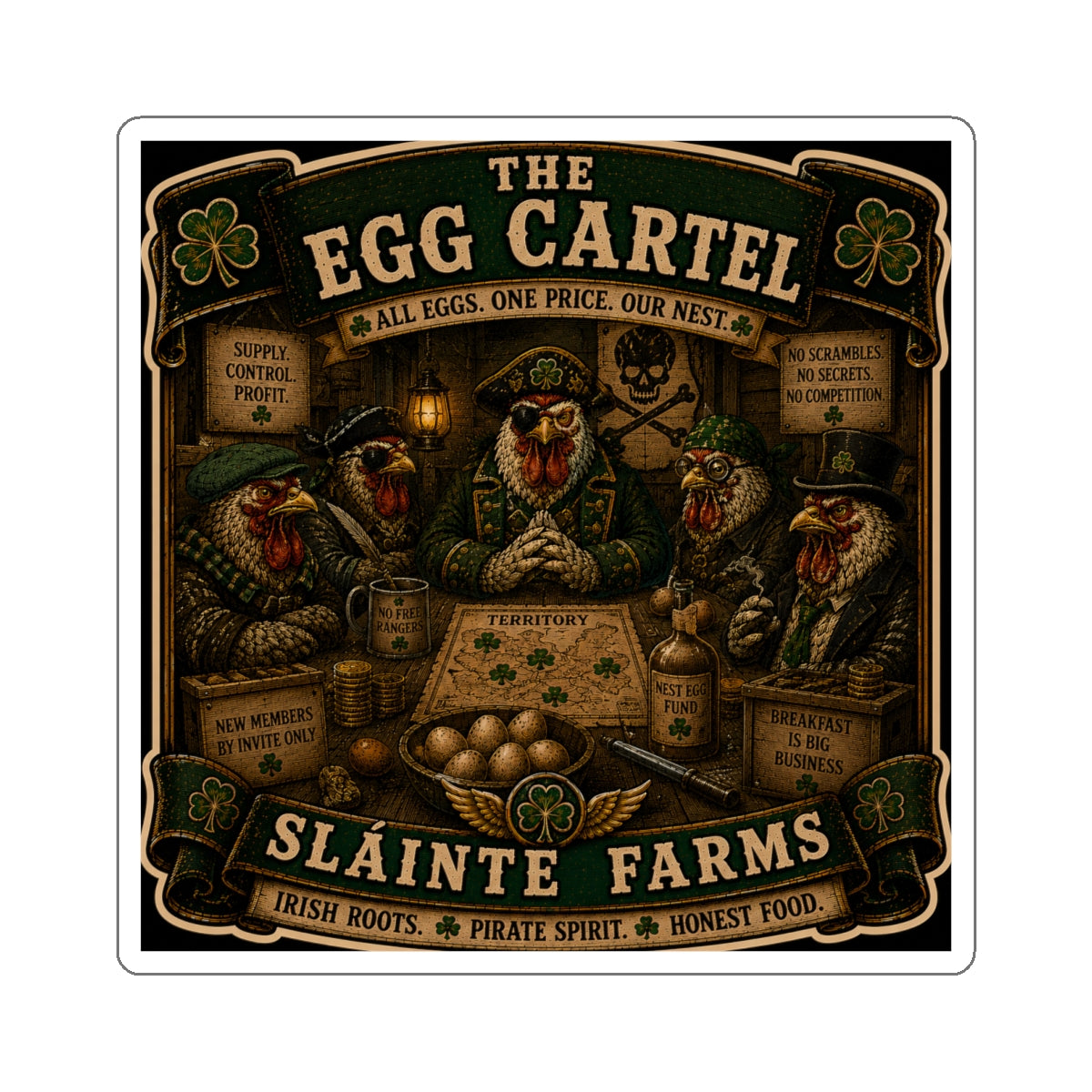 The Egg Cartel: All Eggs. One Price. Our Nest. Die-Cut Sticker | Egg Cartel Collection | Sláinte Farms