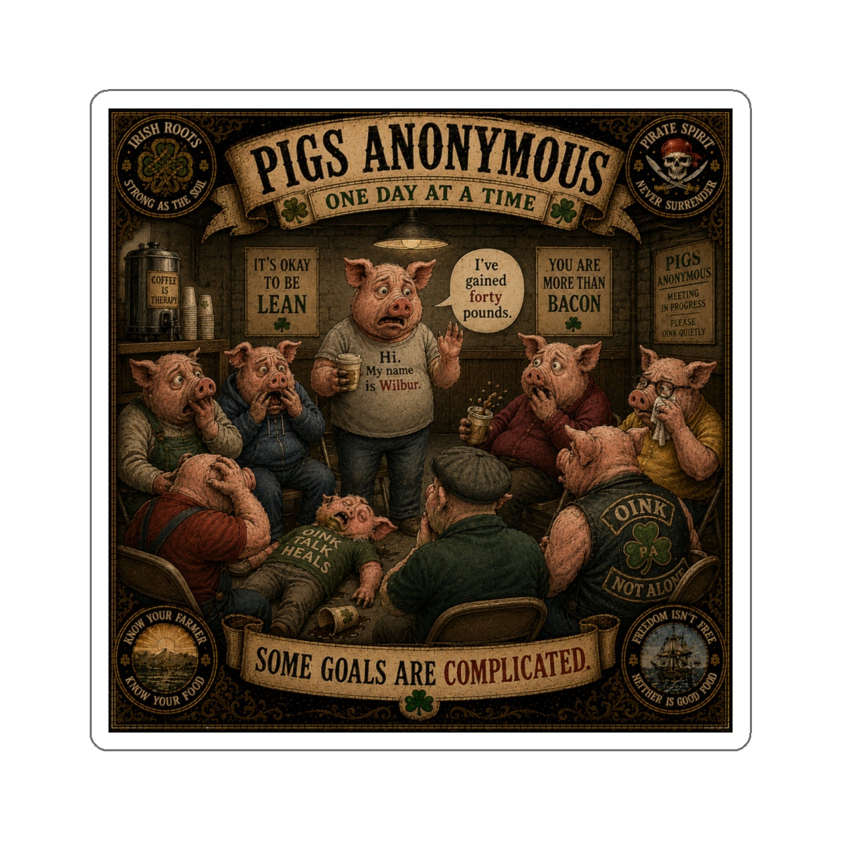 Pigs Anonymous | Sláinte Farms Die-Cut Sticker | Pig Chronicles Collection