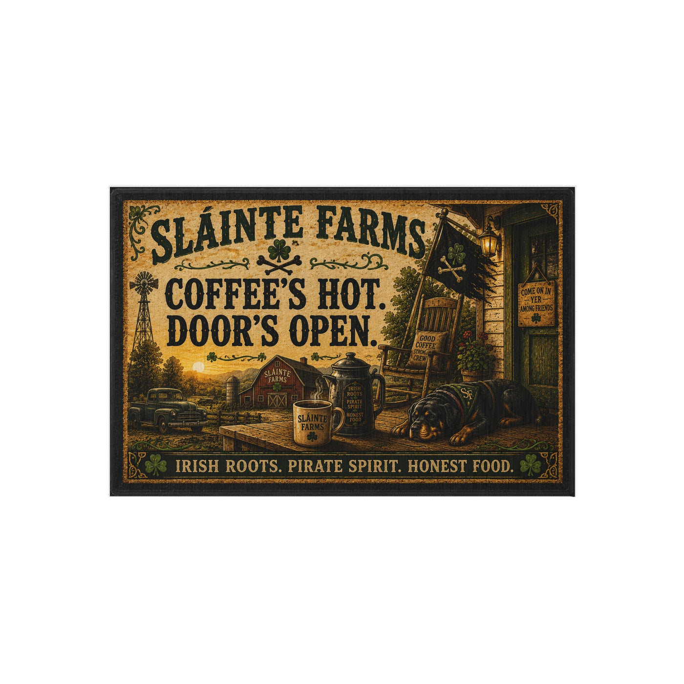 Coffee's Hot. Door's Open. | Sláinte Farms Outdoor Doormat | Home & Hearth Collection