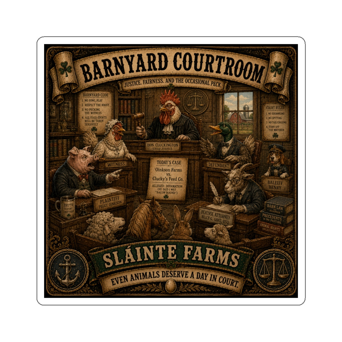 Barnyard Courtroom | Sláinte Farms Die-Cut Sticker | Pig Chronicles Collection