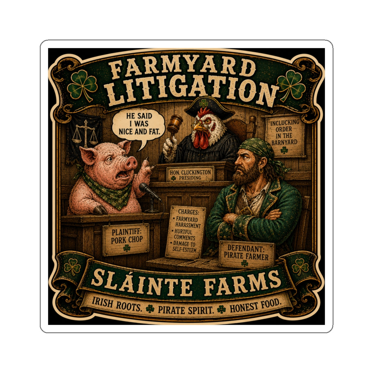 Farmyard Litigation | Sláinte Farms Die-Cut Sticker | Pig Chronicles Collection