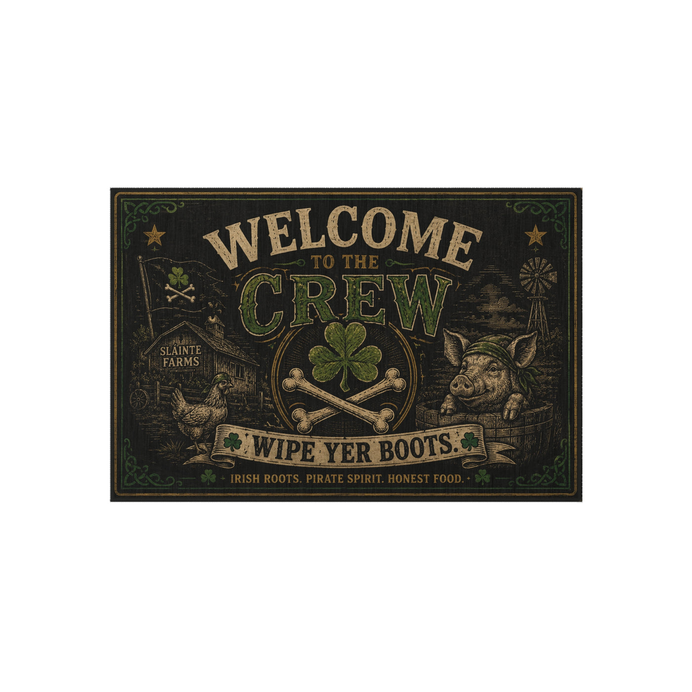 Welcome to the Crew | Sláinte Farms Outdoor Doormat | Shamrock & Bones Entrance Rug  Description