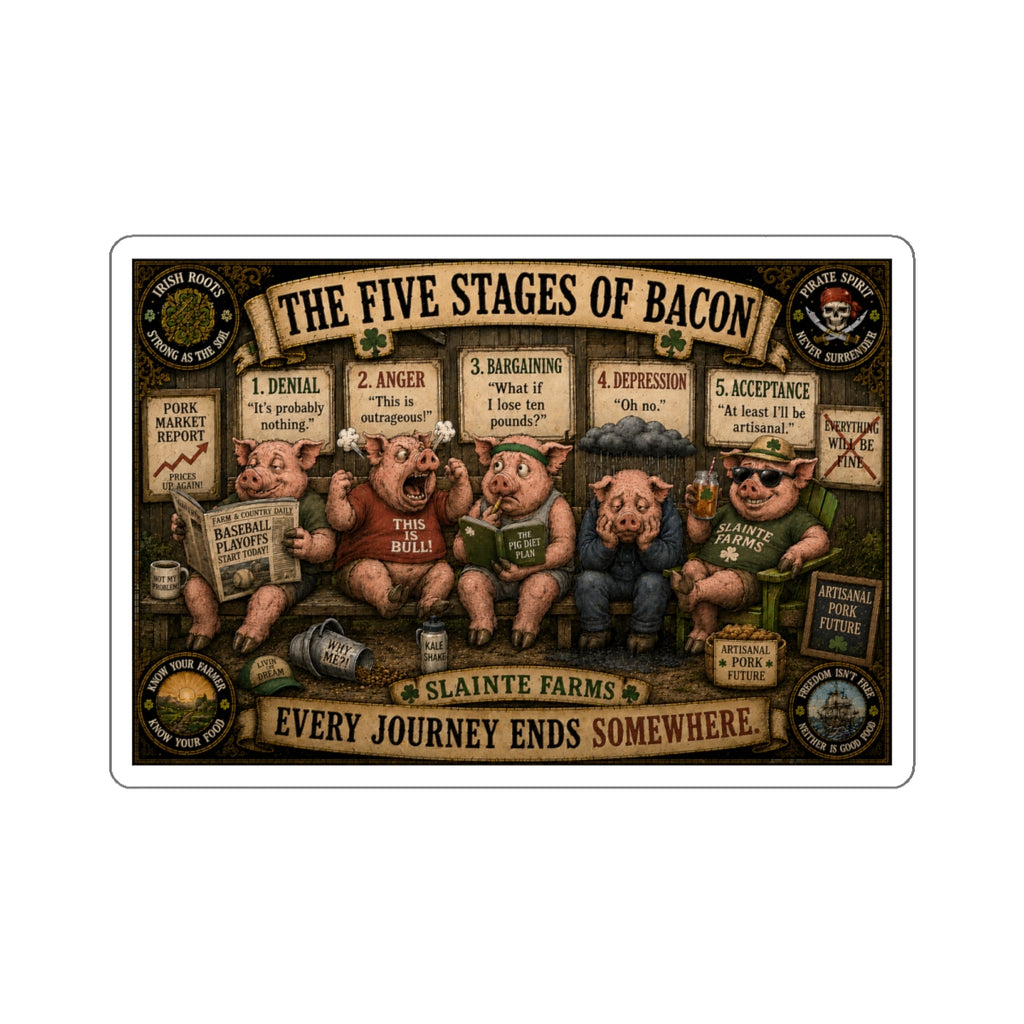 The Five Stages of Bacon | Sláinte Farms Die-Cut Sticker | Pig Chronicles Collection