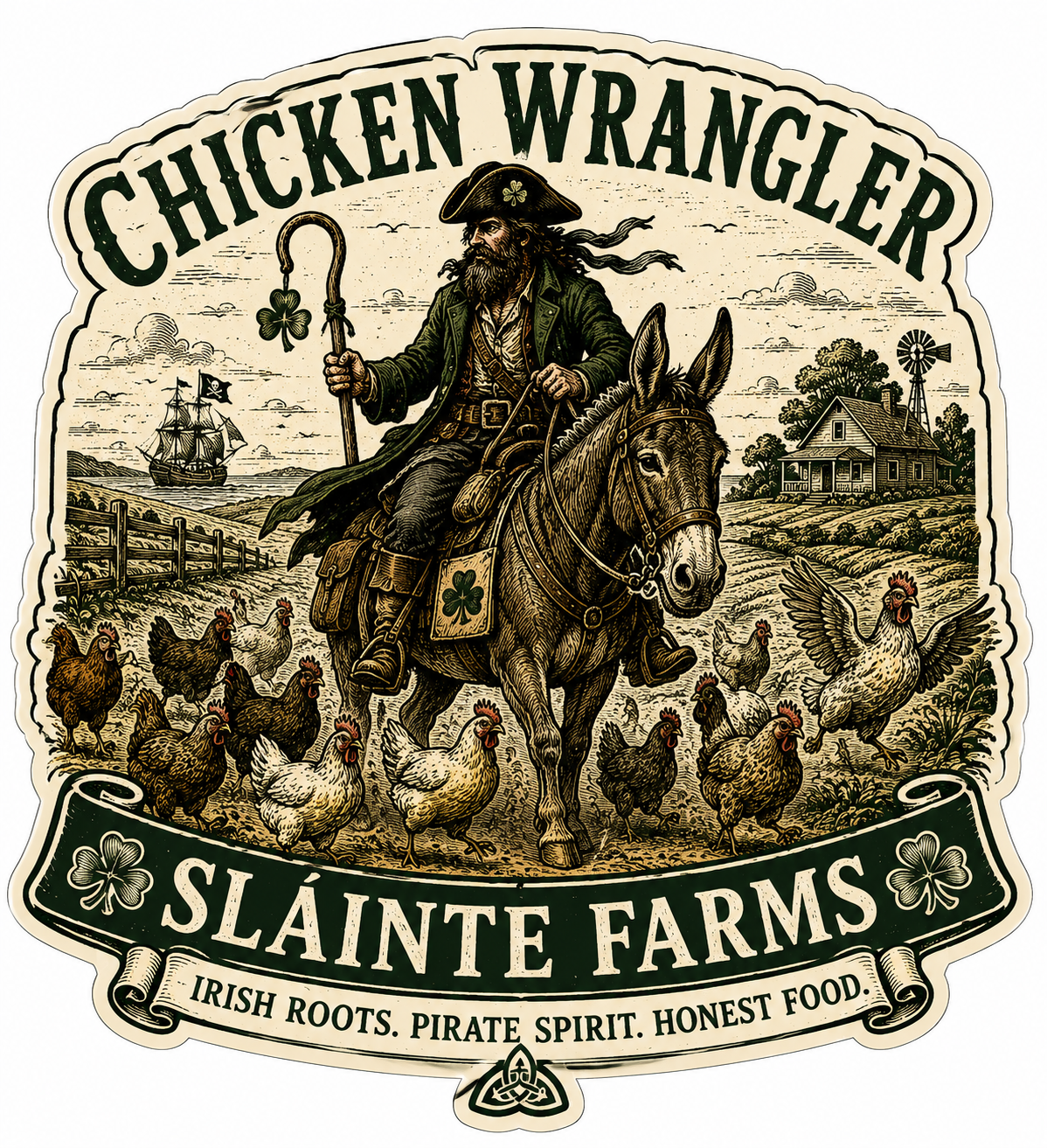 Chicken Wrangler Sláinte Farms die-cut sticker