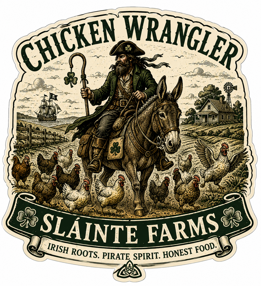 Chicken Wrangler Sláinte Farms die-cut sticker