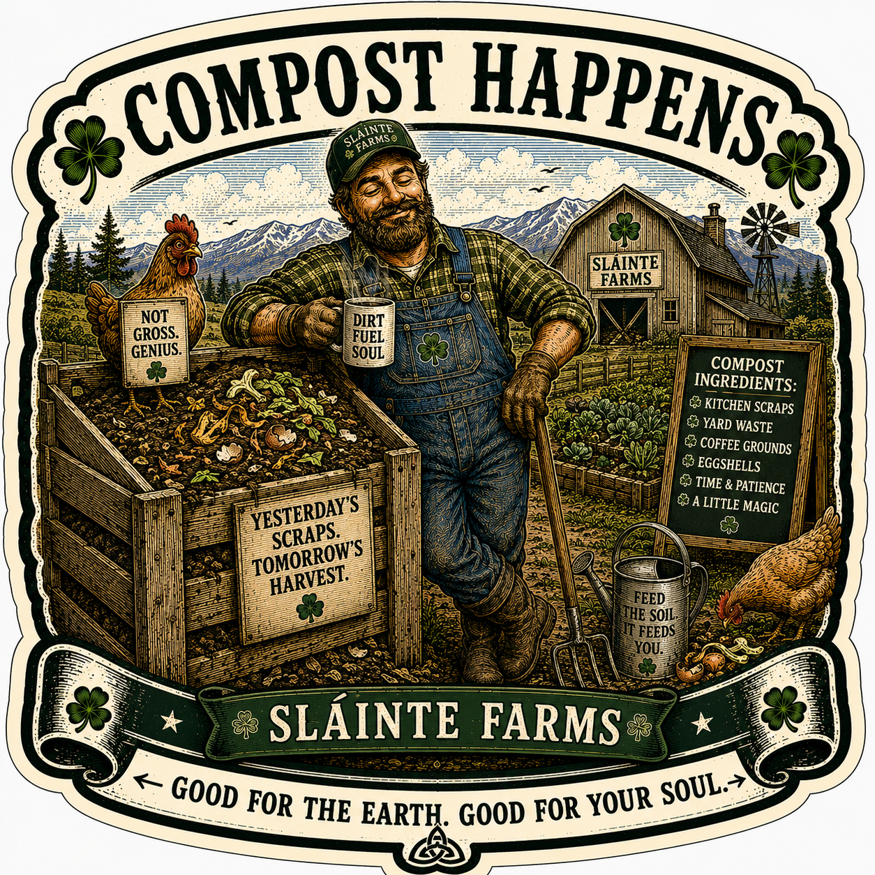 Compost Happens Sláinte Farms die-cut sticker
