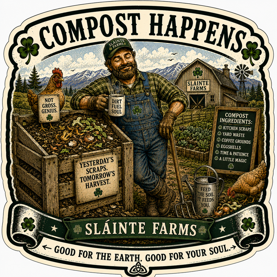 Compost Happens Sláinte Farms die-cut sticker