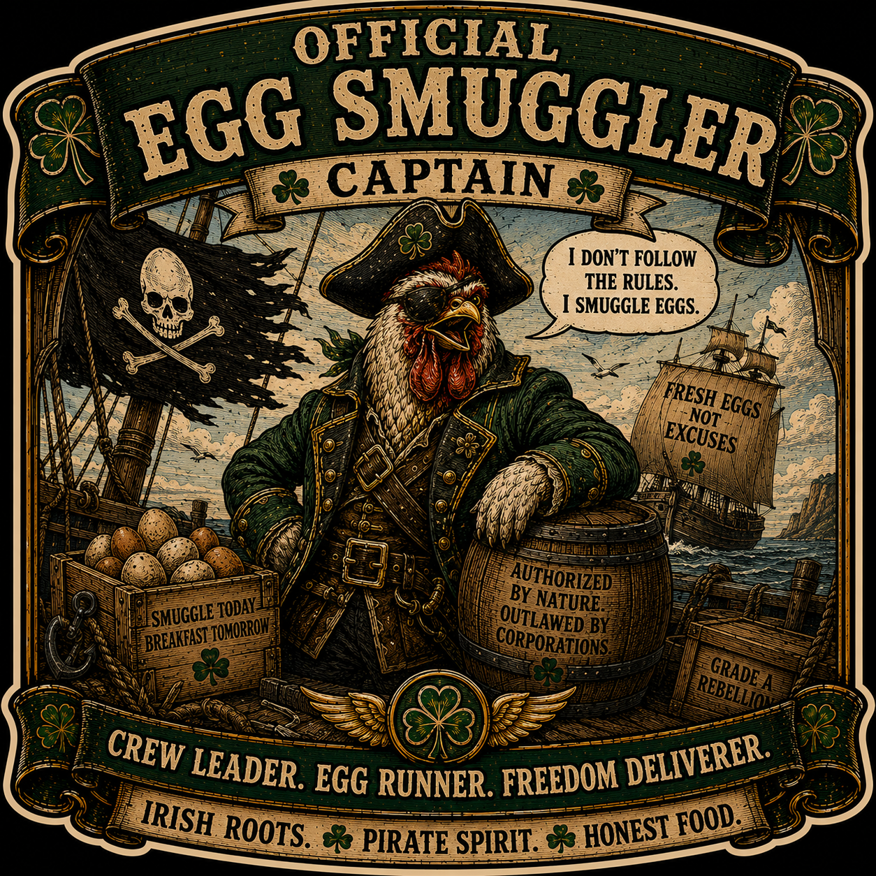 Egg Smuggler Captain Sláinte Farms die-cut sticker