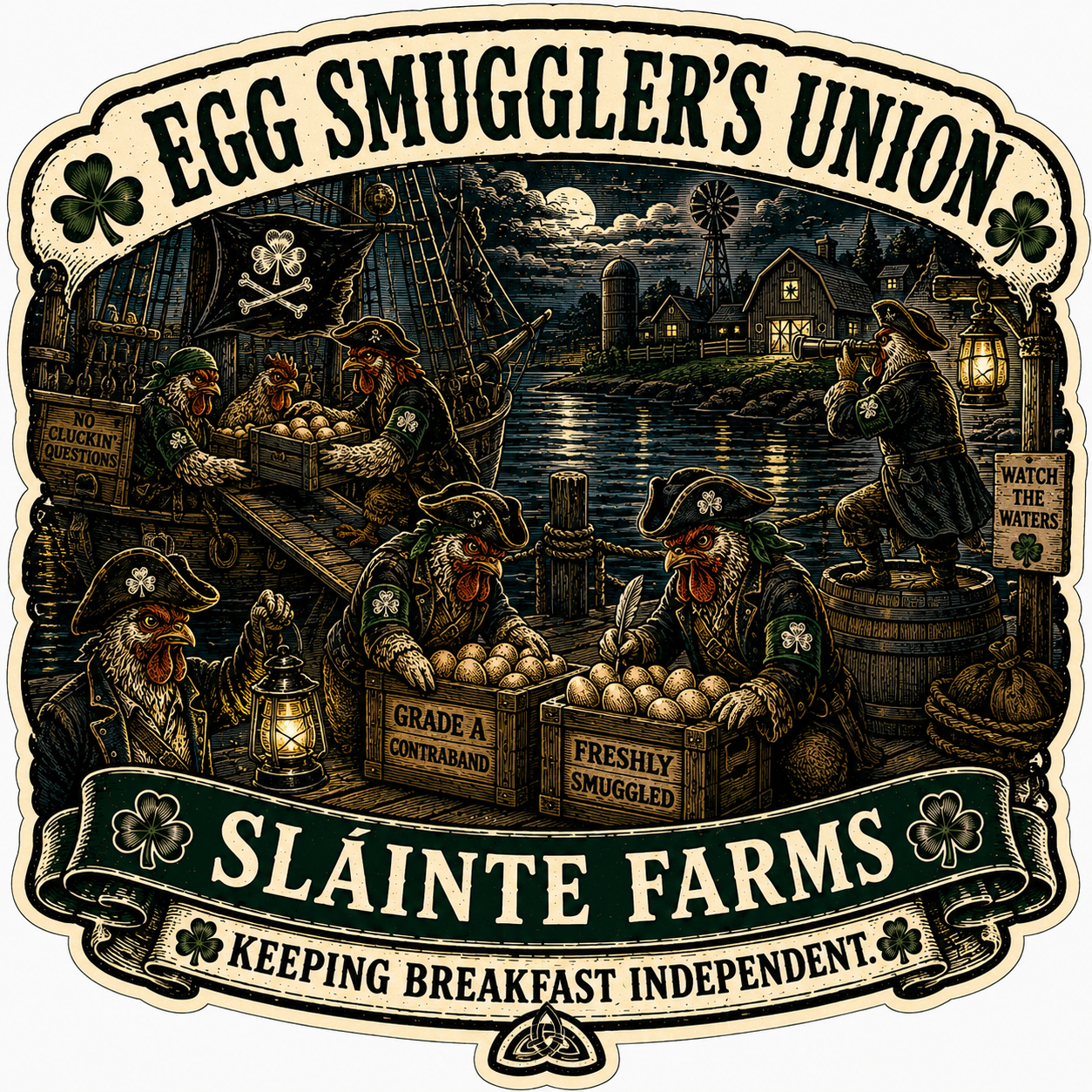 Egg Smugglers Union Sláinte Farms die-cut sticker