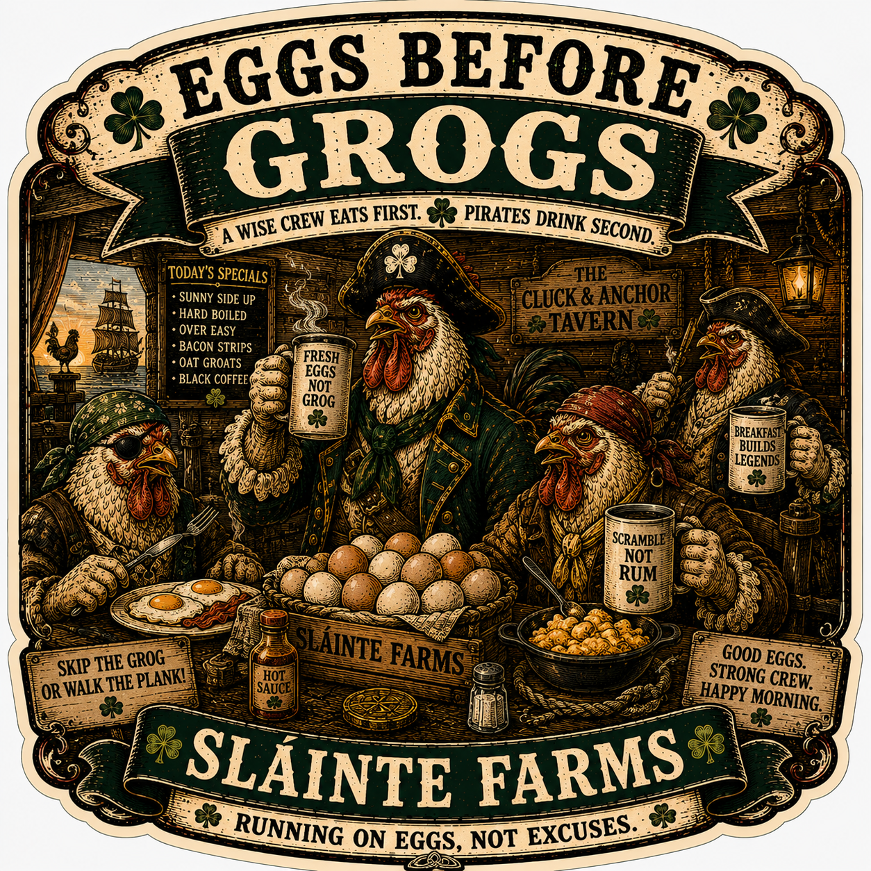 Eggs Before Grogs Sláinte Farms die-cut sticker