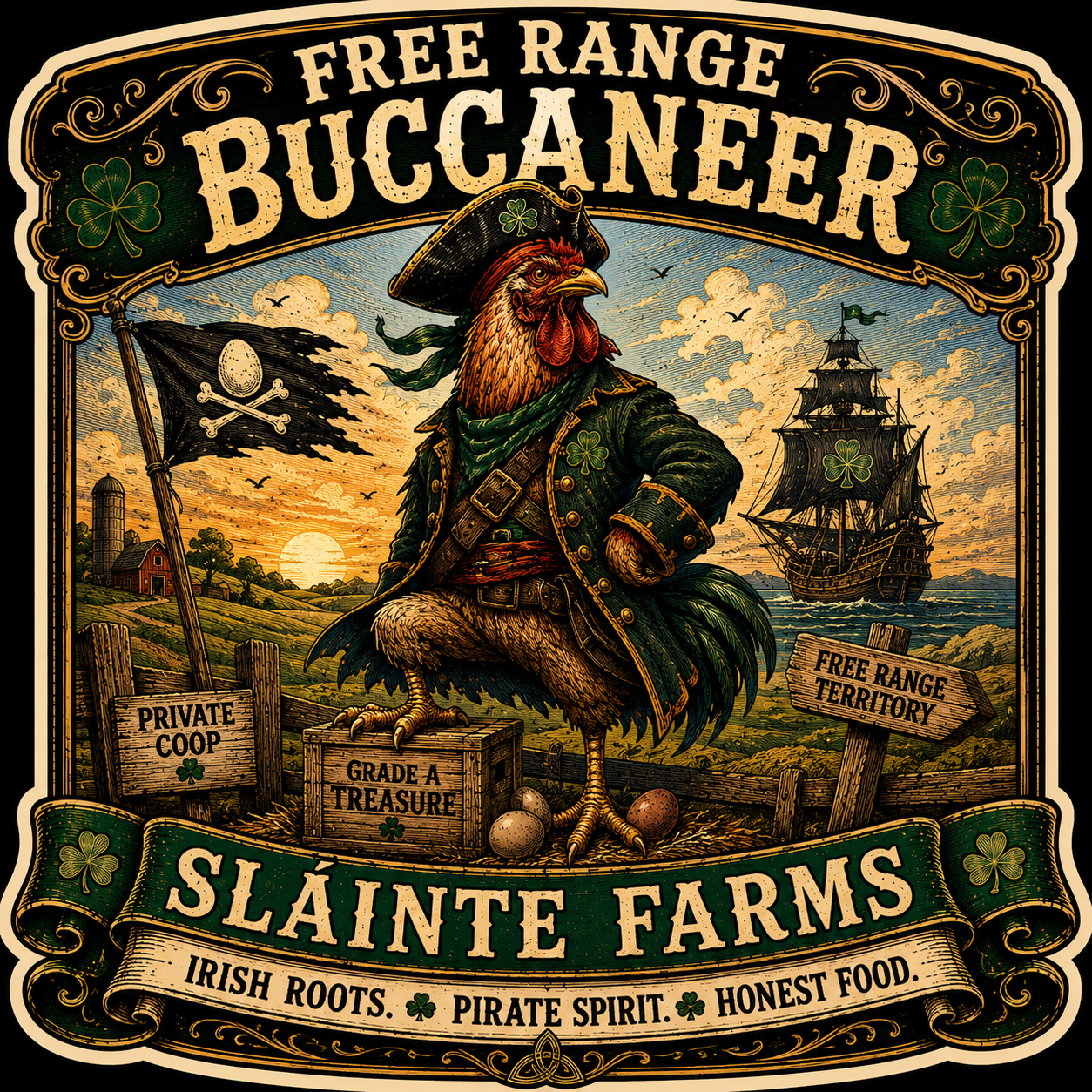 Free Range Buccaneer Sláinte Farms die-cut sticker