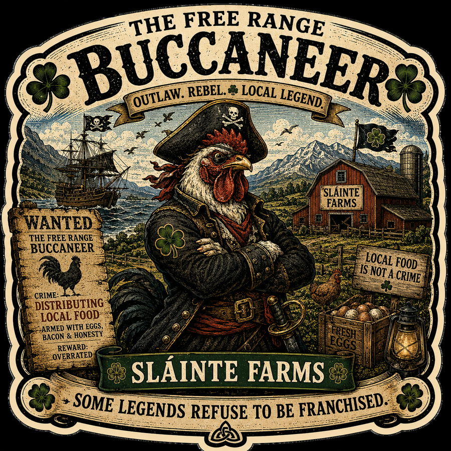 Free Range Buccaneer B Sláinte Farms die-cut sticker