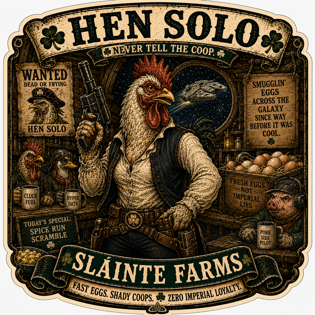 Hen Solo A Sláinte Farms die-cut sticker