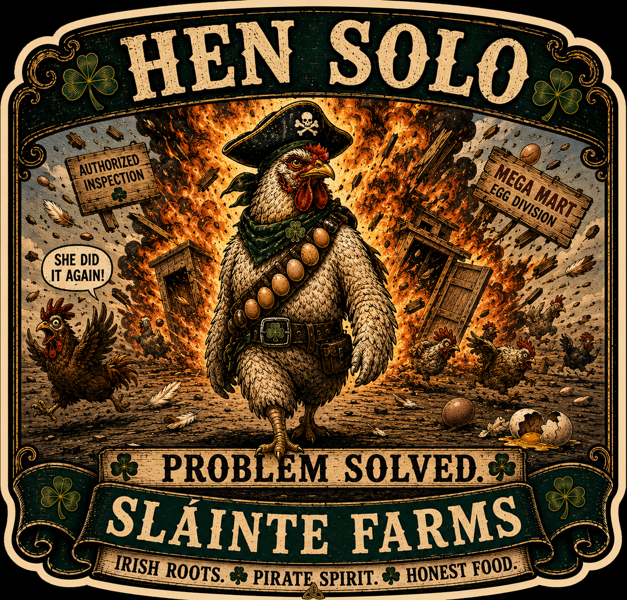 Hen Solo C Sláinte Farms die-cut sticker