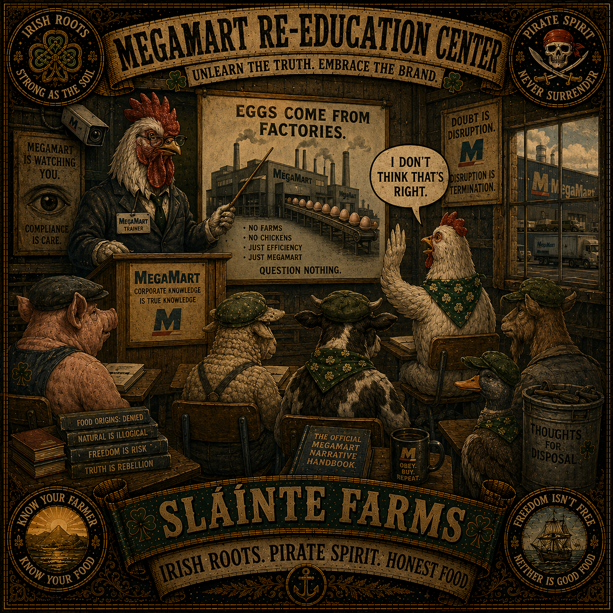 Mega Mart Re Education Sláinte Farms die-cut sticker