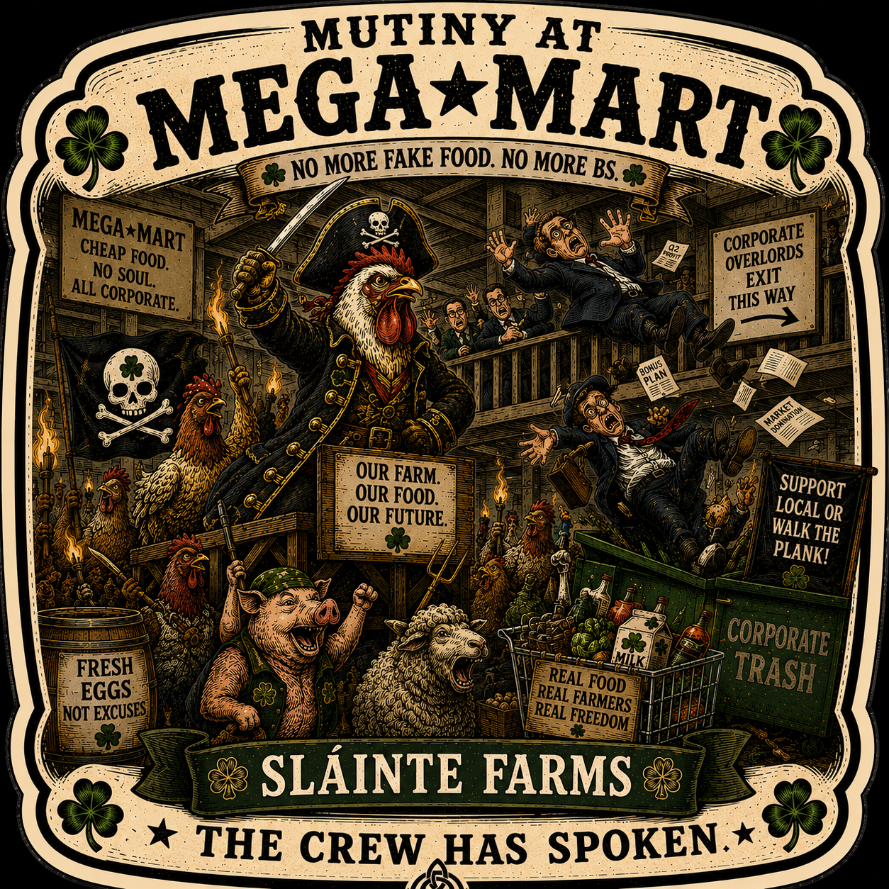 Mutiny at MegaMart Sláinte Farms die-cut sticker