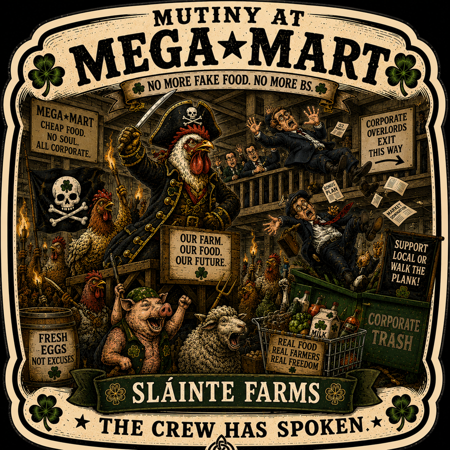 Mutiny at MegaMart Sláinte Farms die-cut sticker